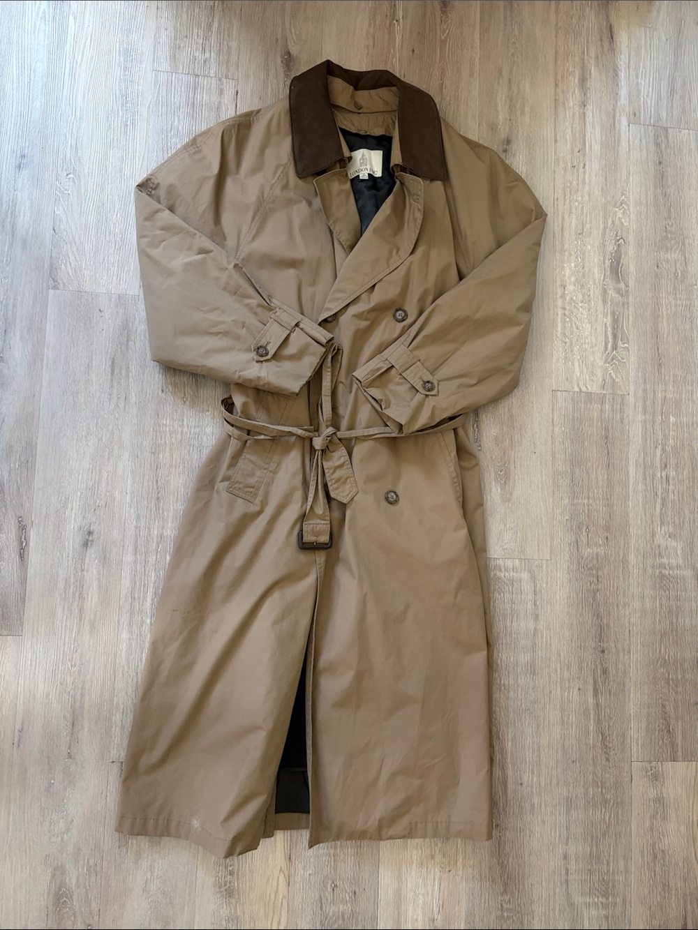 London Fog Tan Trench Coat with Dark Brown Collar
